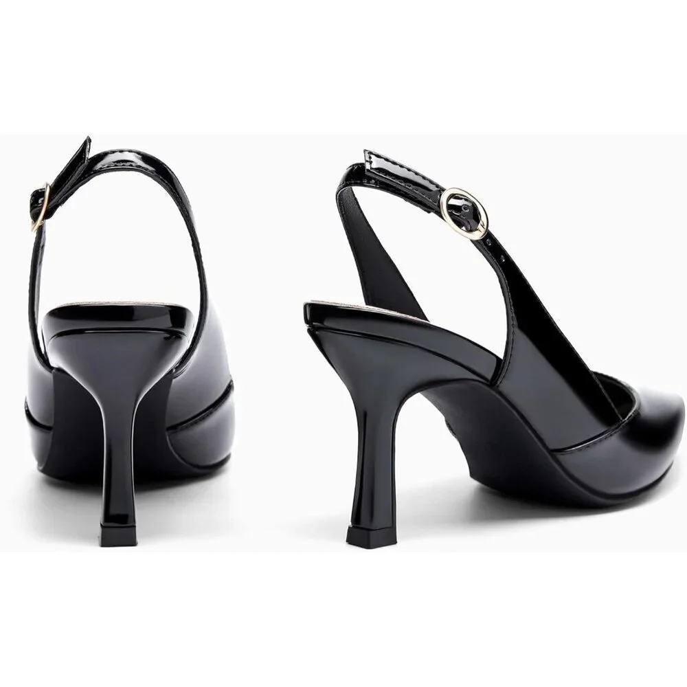 Women's Black Leather Kitten Heels Closed Pointed Toe Wedding Party Dress Pumps